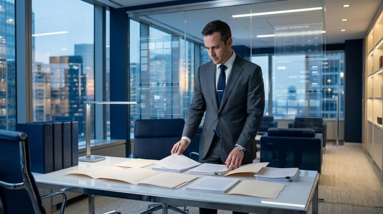 Homme d'affaires consultant documents dans bureau haut étage