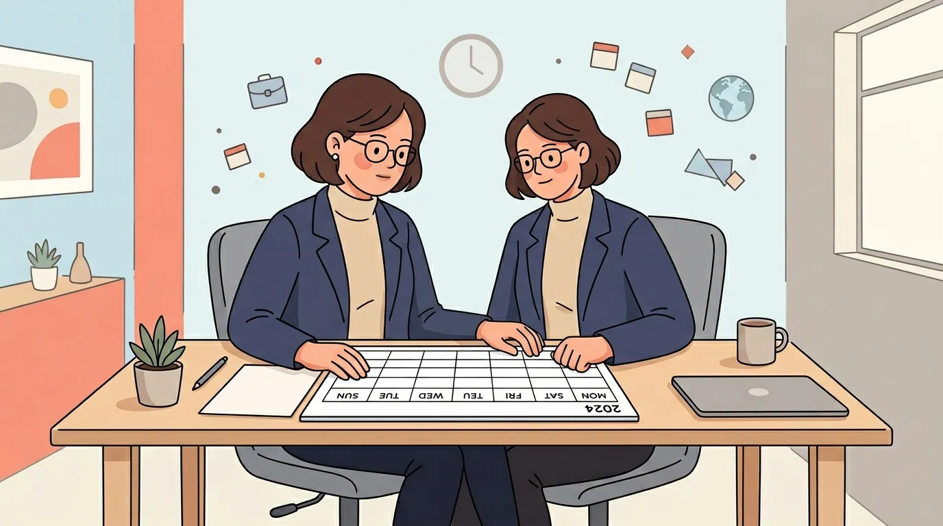 Deux professionnelles examinent un calendrier à leur bureau.