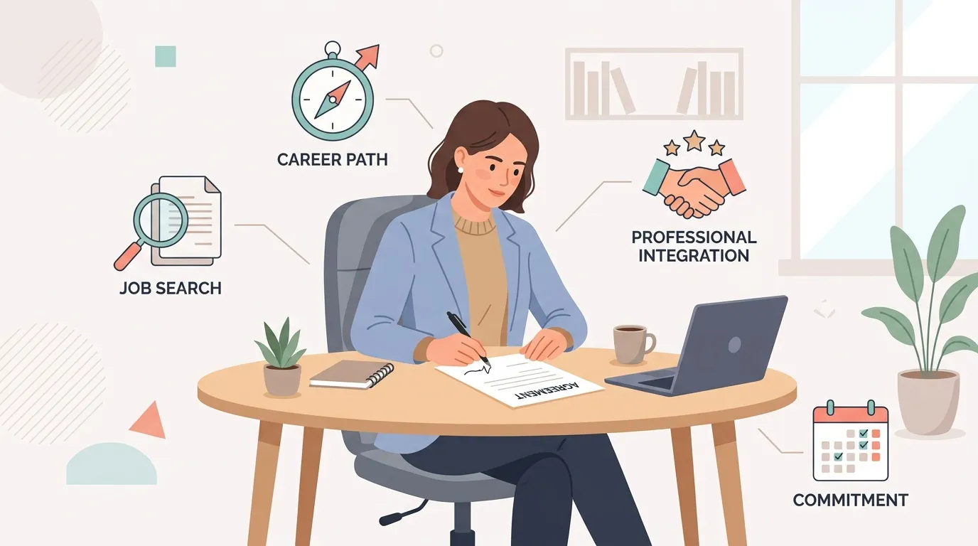 Femme au bureau entourée d'icônes de développement professionnel