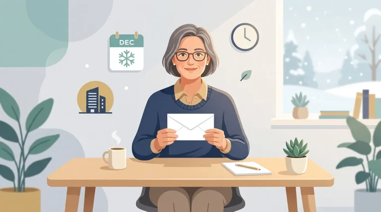 Femme à son bureau tenant une enveloppe de courrier
