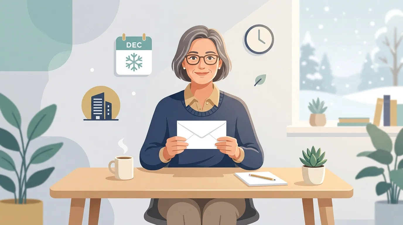 Femme à son bureau tenant une enveloppe de courrier