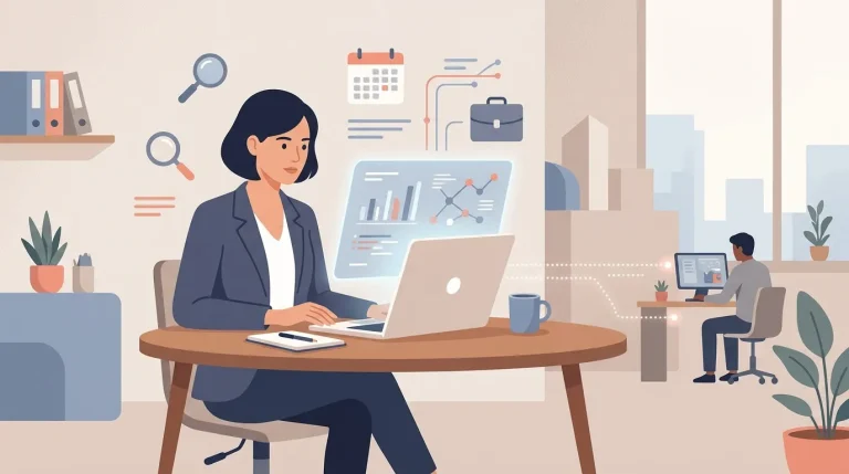 Femme en costume travaillant sur ordinateur portable au bureau moderne