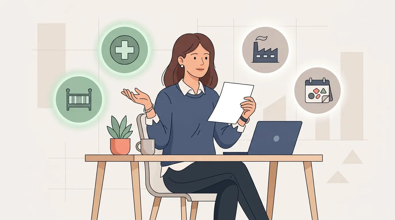 Femme au bureau jonglant entre travail, sant&eacute;, production et calendrier