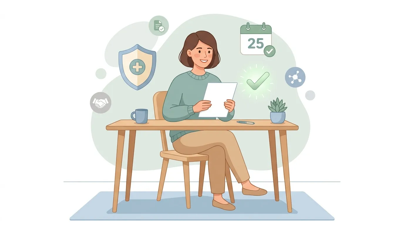Femme souriante au bureau avec documents et ic&ocirc;nes de productivit&eacute;