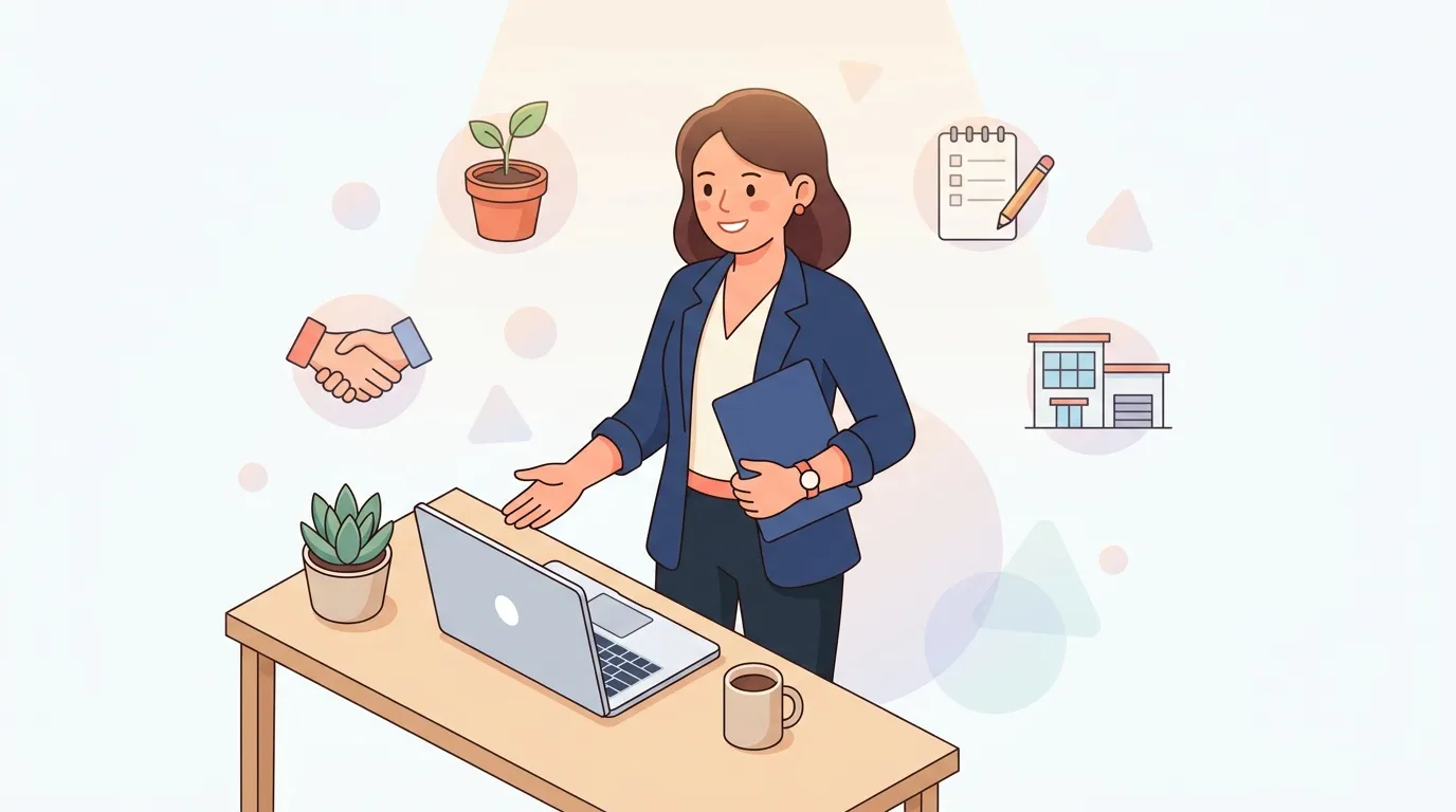 Femme d'affaires souriante au bureau avec ordinateur portable