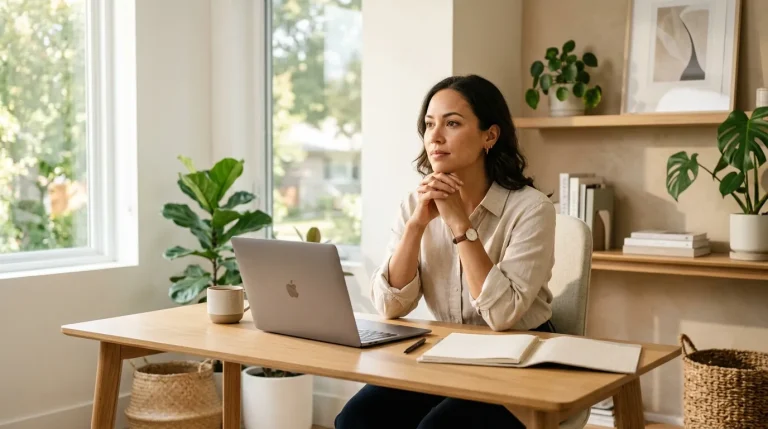 Femme réfléchie assise à son bureau avec laptop