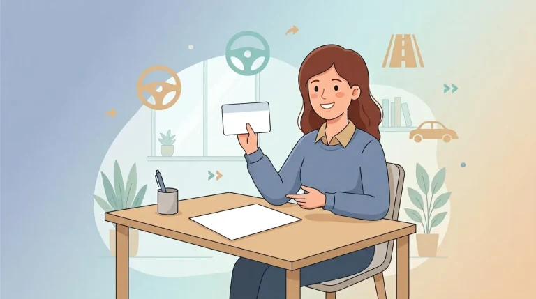 Femme souriante assise à un bureau avec tablette numérique