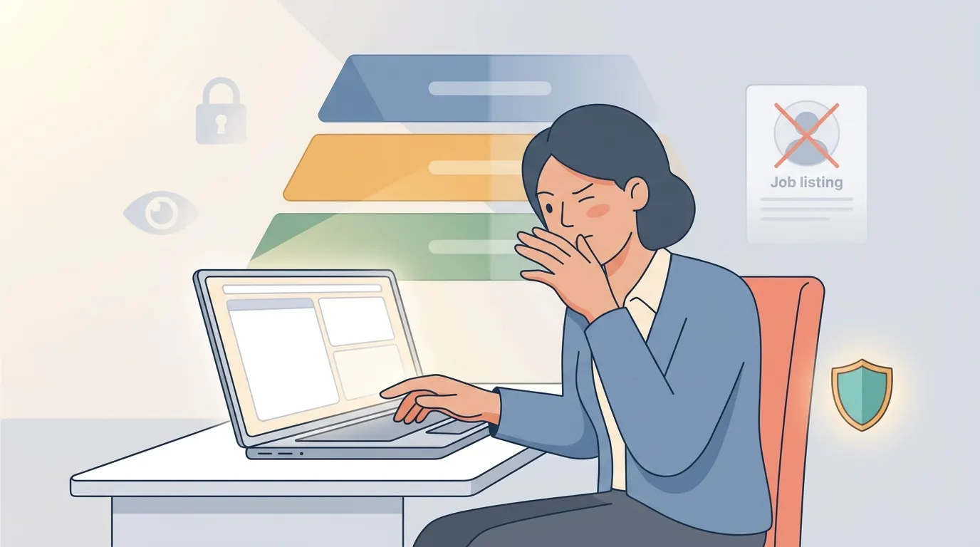 Femme déçue devant laptop, offre emploi annulée