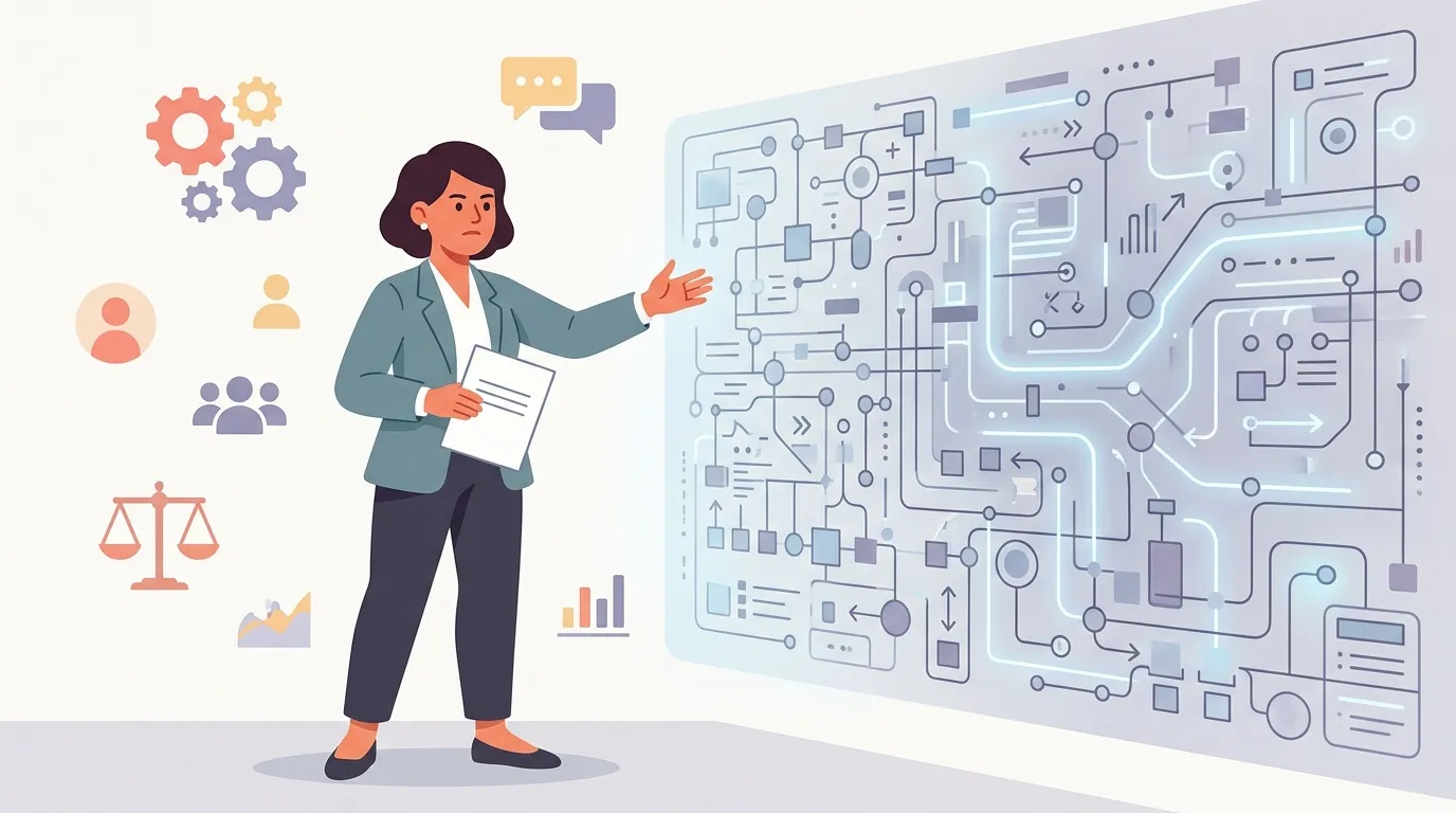 Femme présentant un diagramme de flux technologique complexe