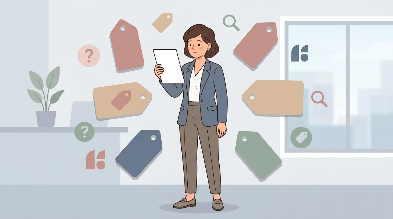 Femme tenant un document entourée d'étiquettes de prix colorées