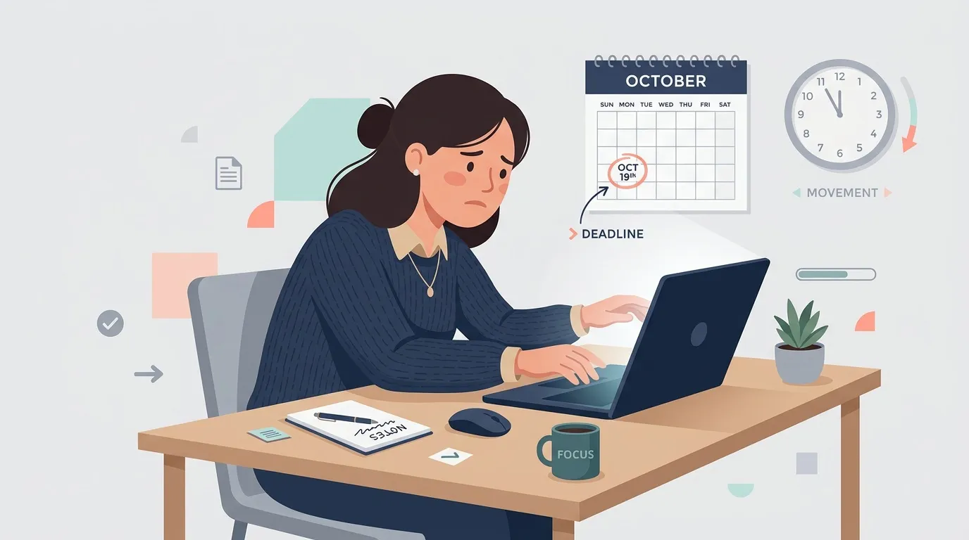 Femme travaillant sur ordinateur avec calendrier et horloge de deadline