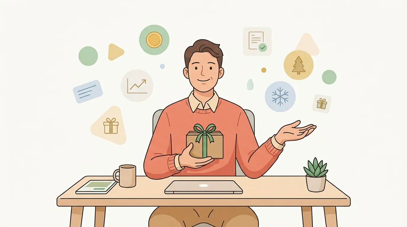 Homme souriant à son bureau tenant un cadeau entouré d'icônes