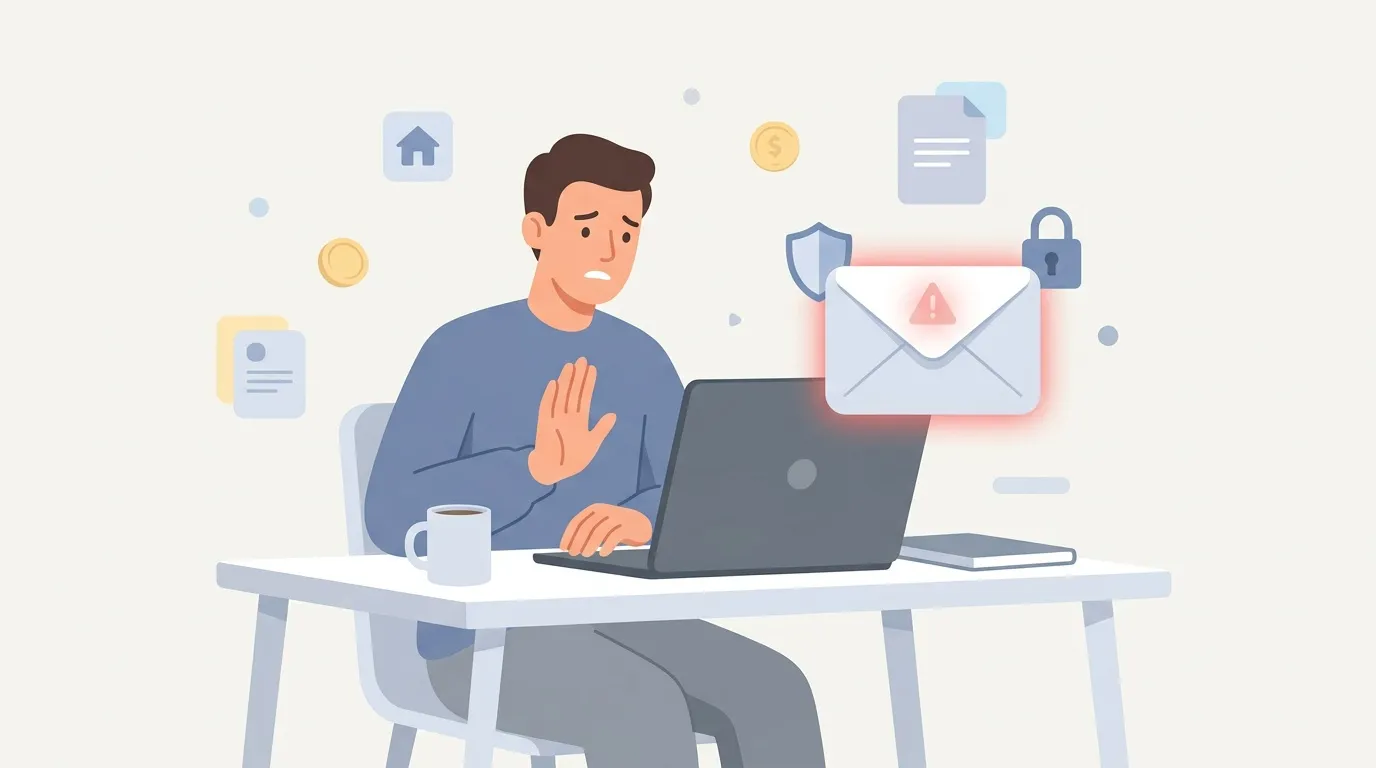 Homme refusant un email avec symbole d'alerte sécurité