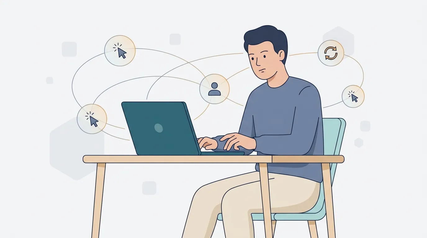 Homme assis à un bureau utilisant un ordinateur portable connecté numériquement