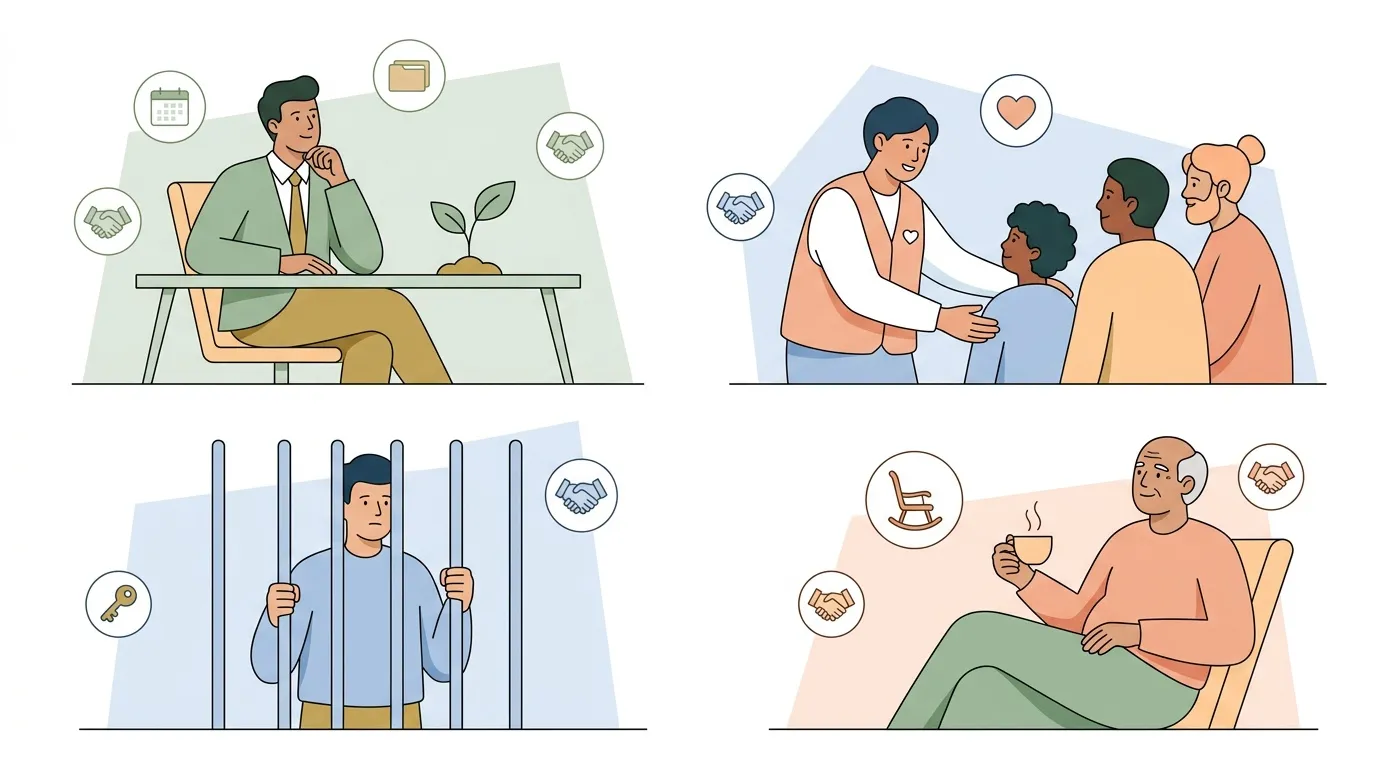 Illustrations montrant professionnalisme, compassion, libert&eacute; et s&eacute;r&eacute;nit&eacute;.