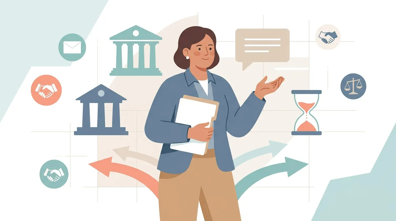 Femme avocate avec documents, symboles juridiques et de communication
