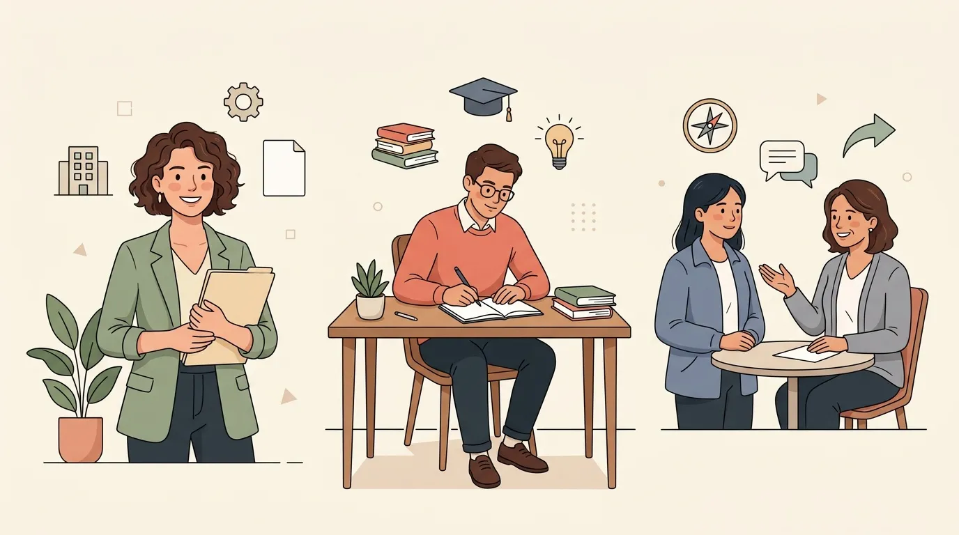 Illustration de personnes travaillant et étudiant dans un cadre professionnel
