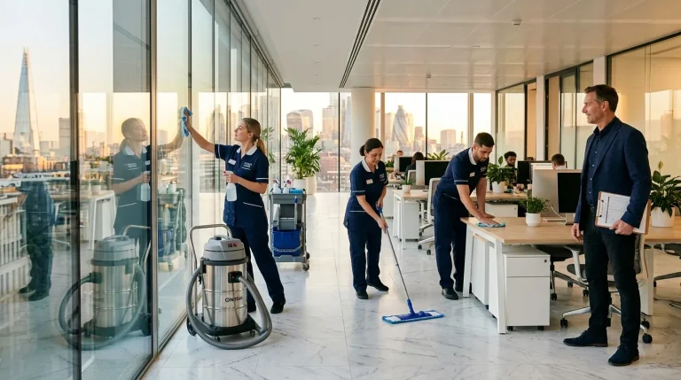 Professionnels du nettoyage travaillant dans un gratte-ciel avec vue panoramique