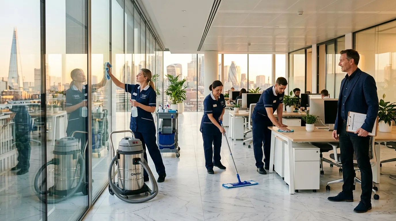Professionnels du nettoyage travaillant dans un gratte-ciel avec vue panoramique