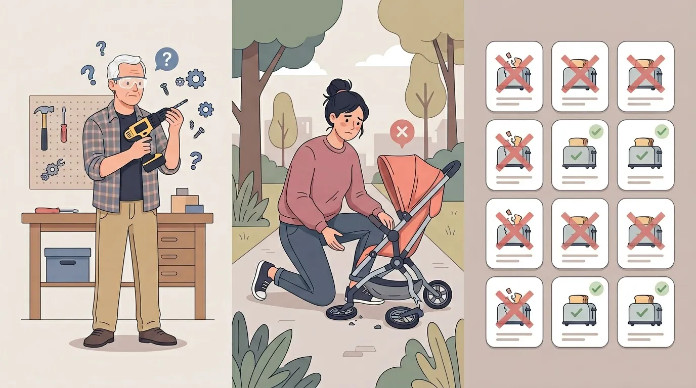 Homme réparant une poussette avec guide d'instructions visuelles