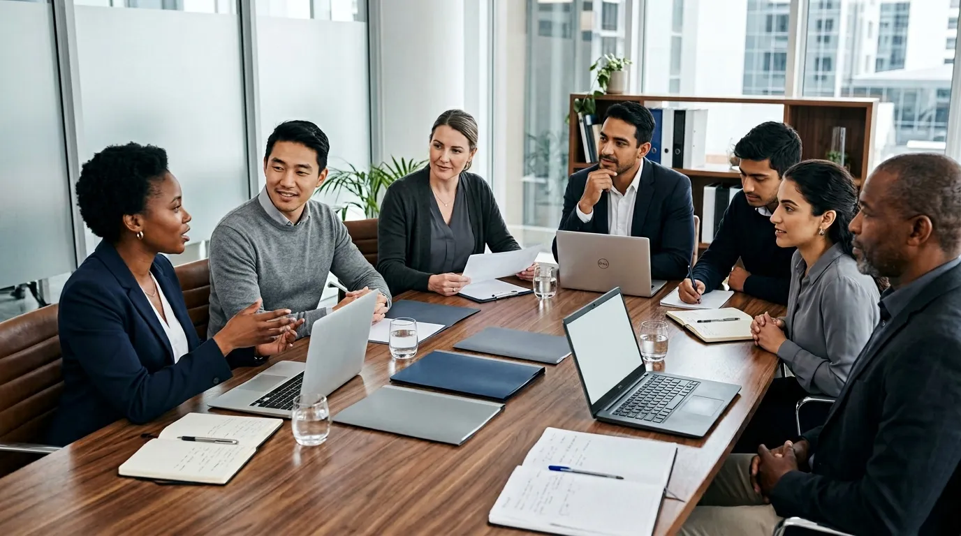 Sept professionnels en r&eacute;union autour d'une table avec ordinateurs portables