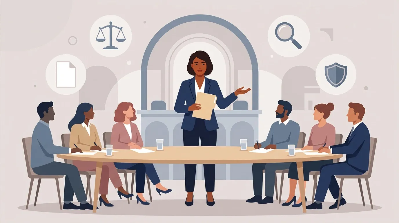 Femme avocate dirigeant r&eacute;union avec six coll&egrave;gues autour table