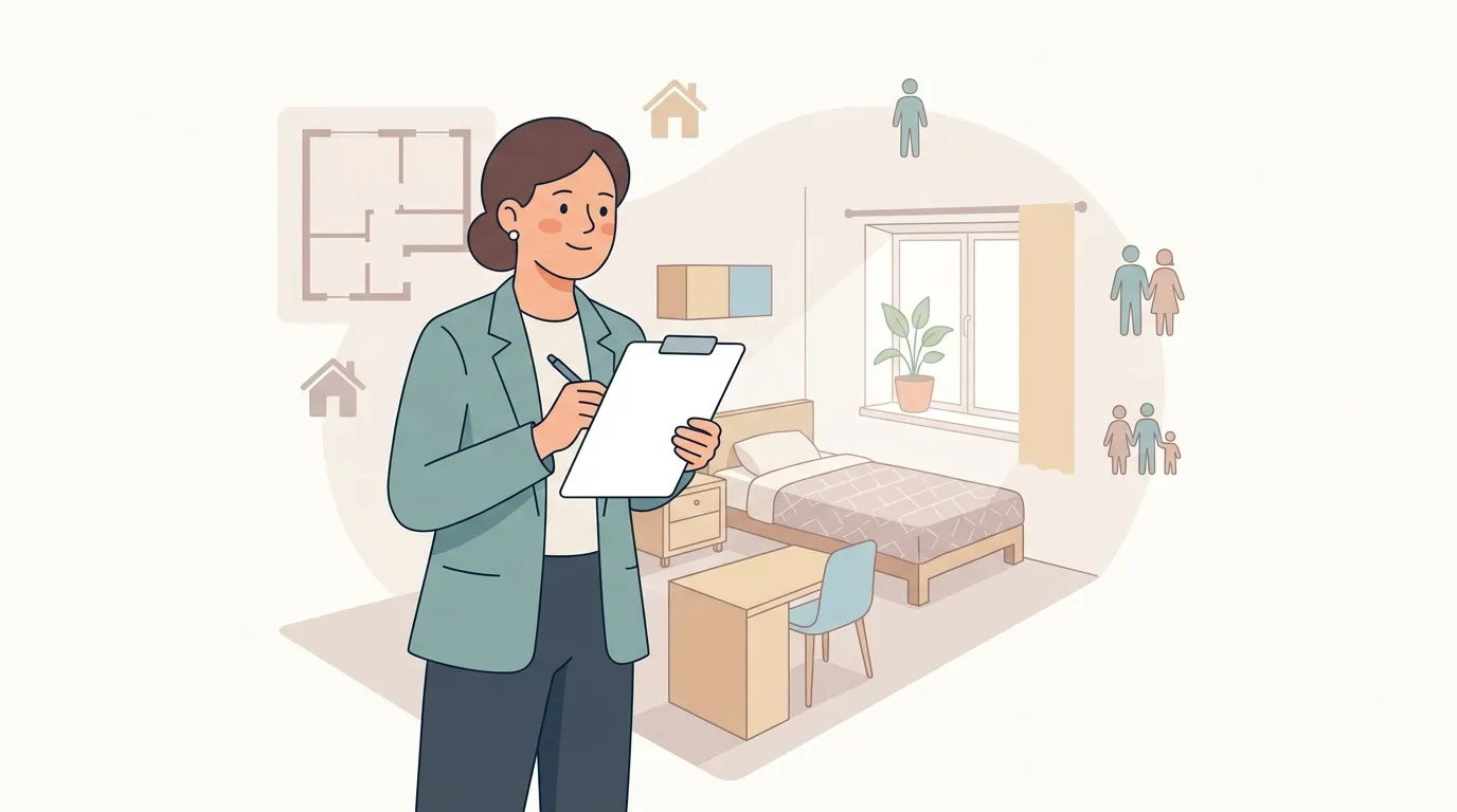 Femme agent immobilier avec clipboard dans chambre meublée