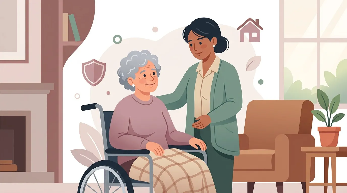 Soignante accompagnant une femme âgée en fauteuil roulant