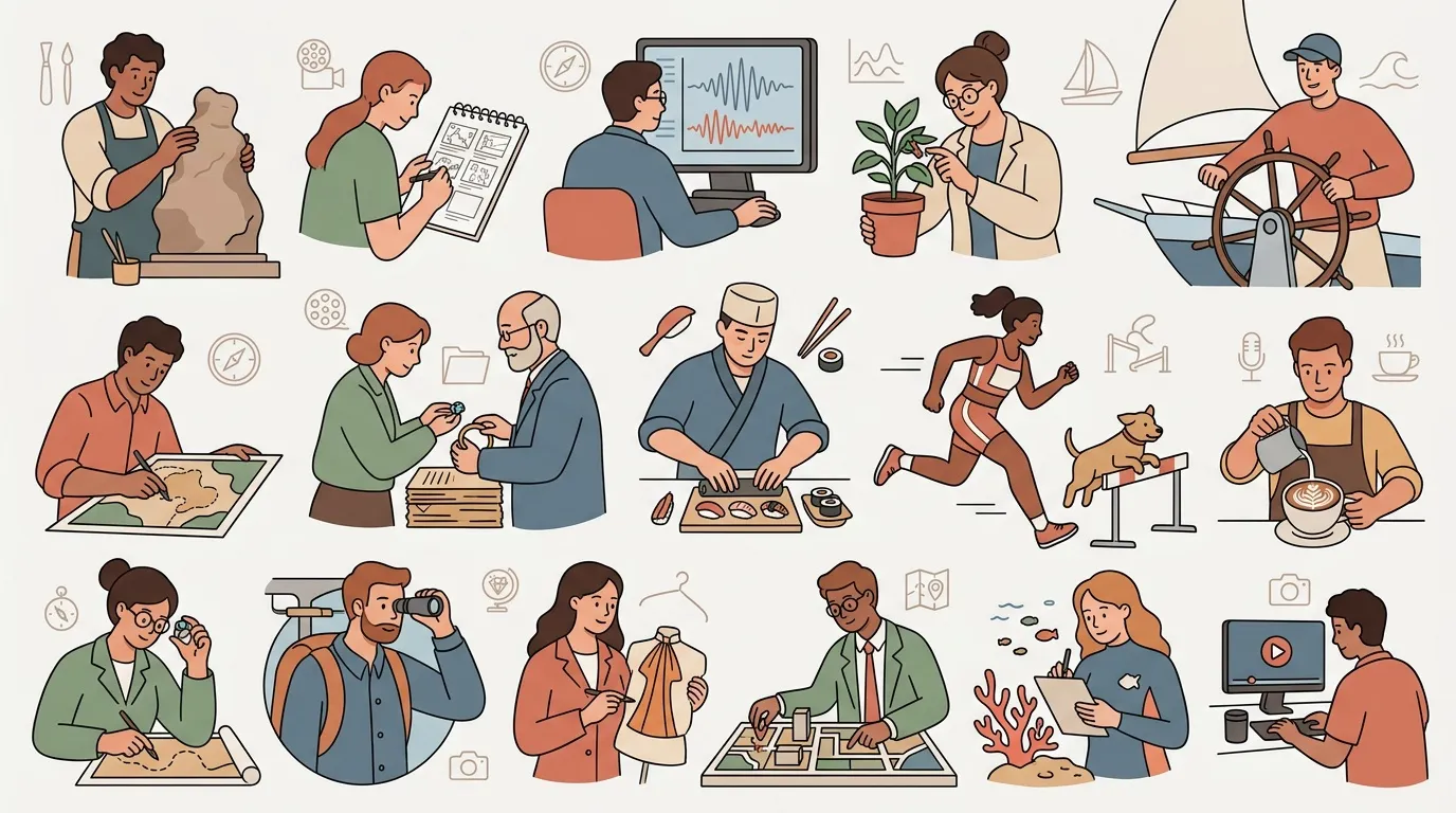 Illustrations colorées montrant diverses personnes pratiquant différents hobbies