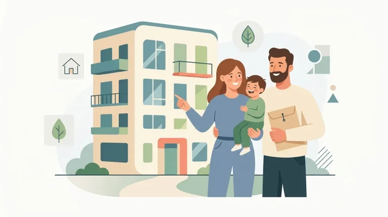 Famille avec enfant pointant vers immeuble résidentiel moderne