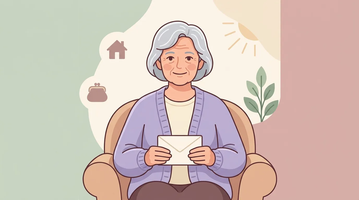 Femme âgée assise tenant une lettre, souriant