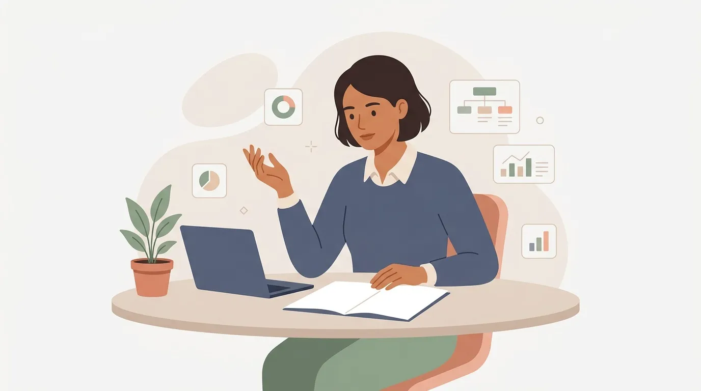 Femme au bureau analysant graphiques et données sur ordinateur