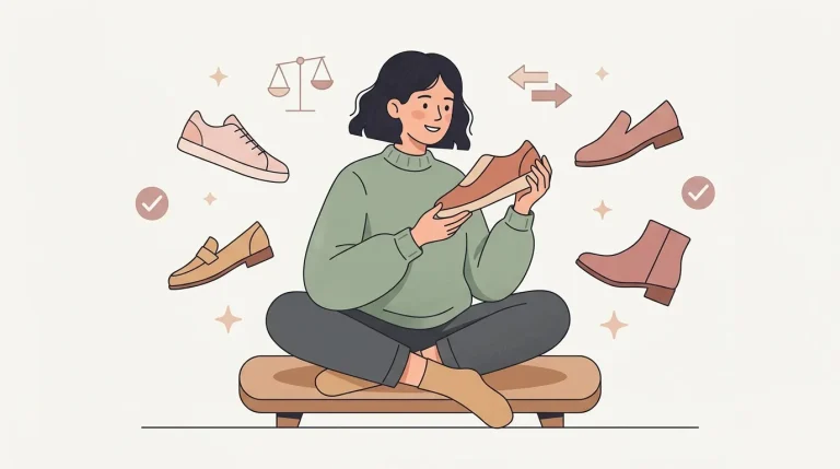 Femme assise examinant différentes chaussures colorées