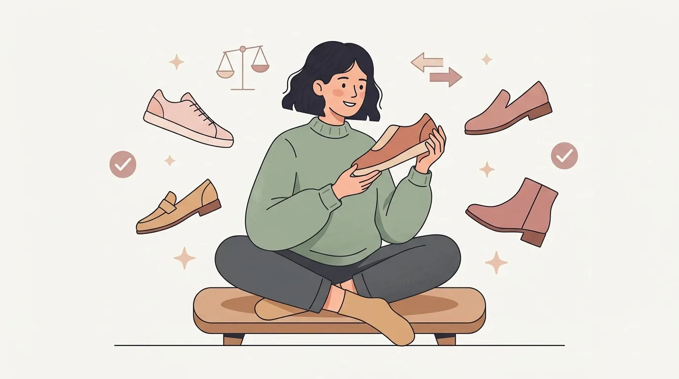 Femme assise examinant différentes chaussures colorées