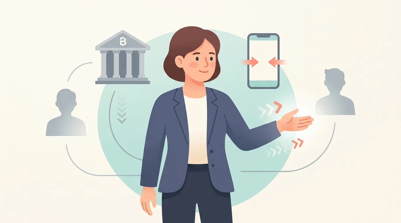 Professionnelle au centre avec symboles bancaires et technologiques