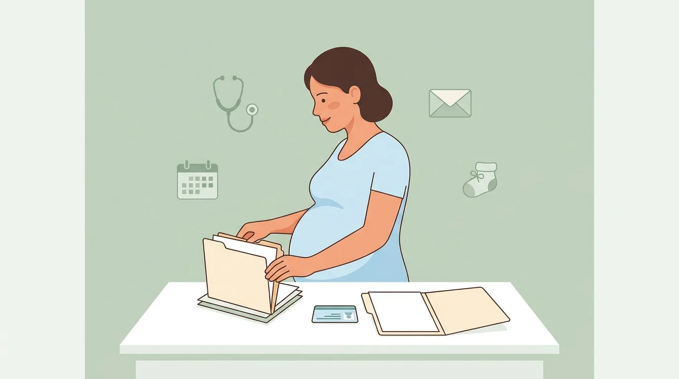 Femme enceinte triant dossiers médicaux à son bureau
