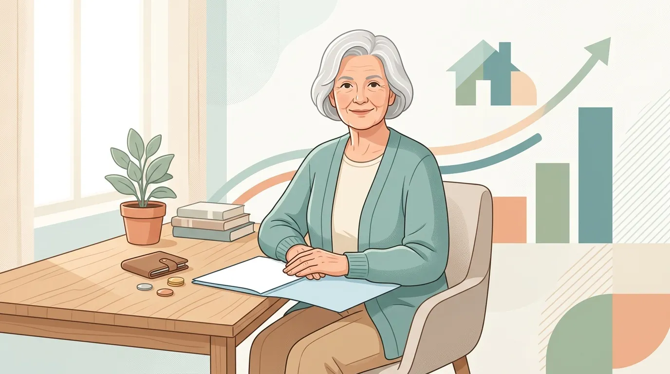 Femme senior à son bureau entourée de symboles financiers et de croissance