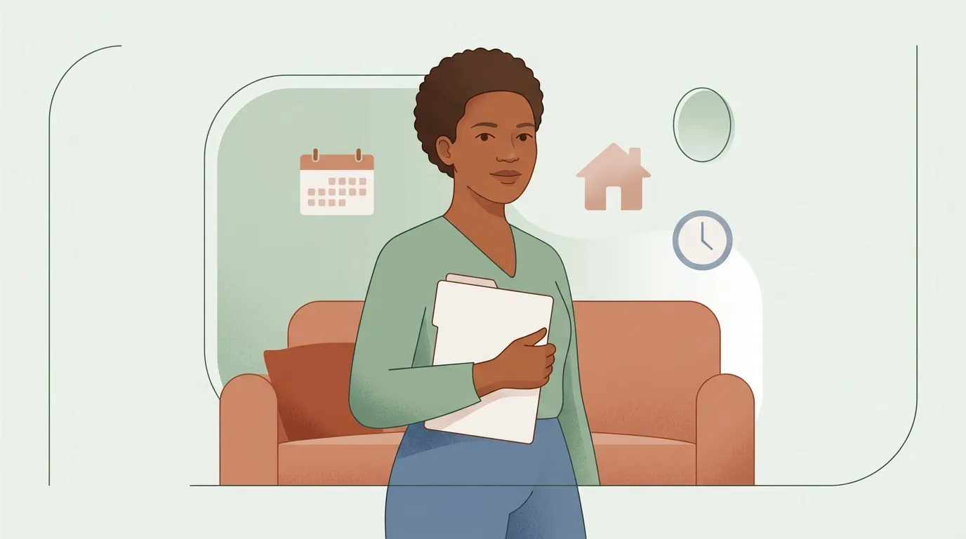 Femme tenant une tablette, entourée de symboles de productivité