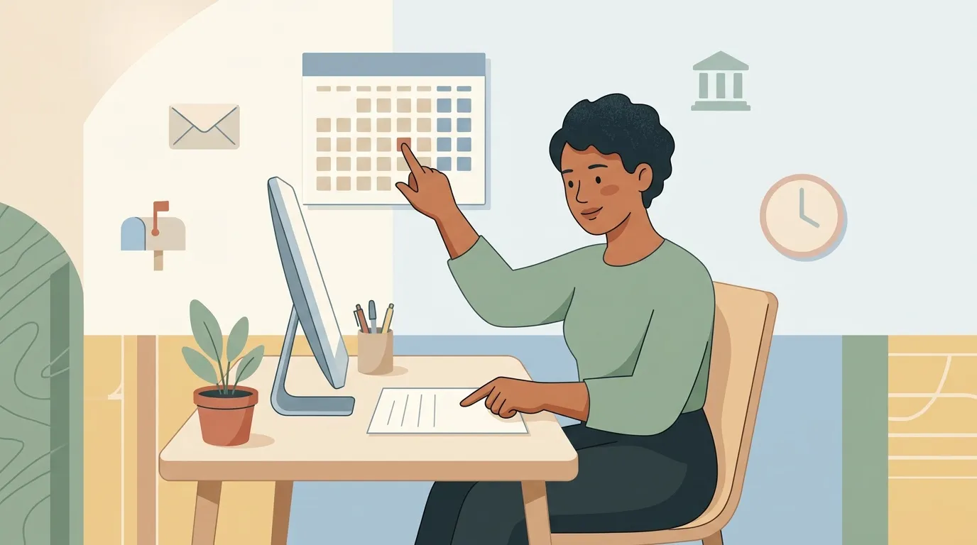 Femme travaillant au bureau avec calendrier et outils administratifs