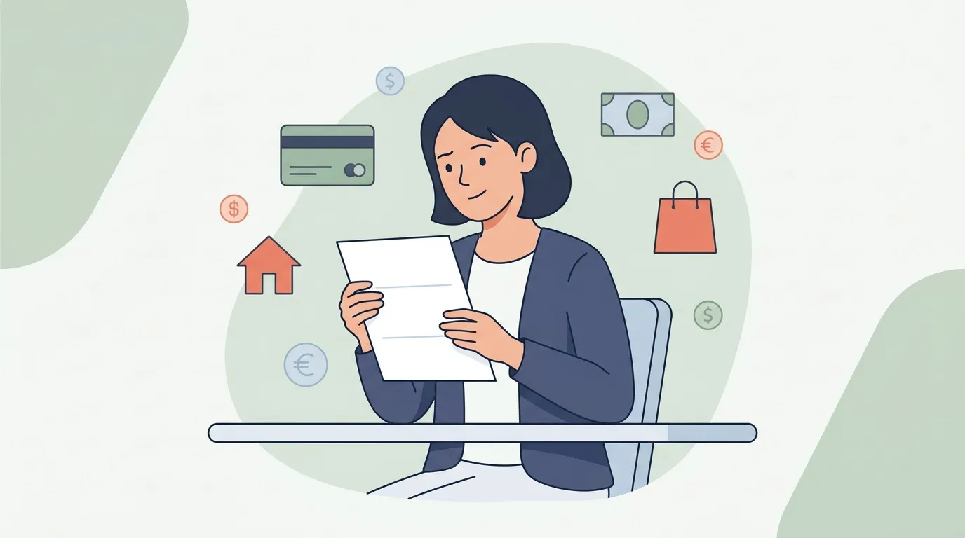 Femme consultant documents financiers entourée symboles argent shopping