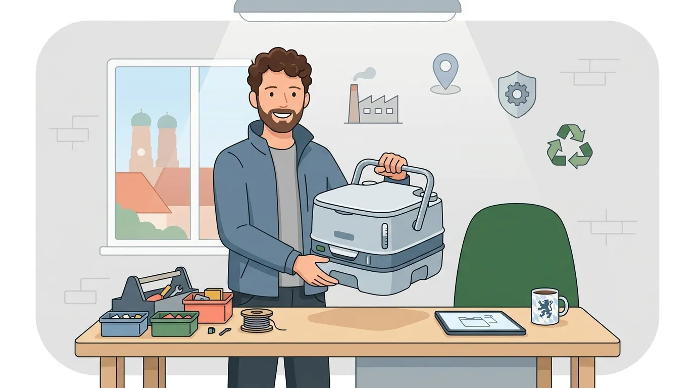 Homme tenant boîte outils à son bureau organisé