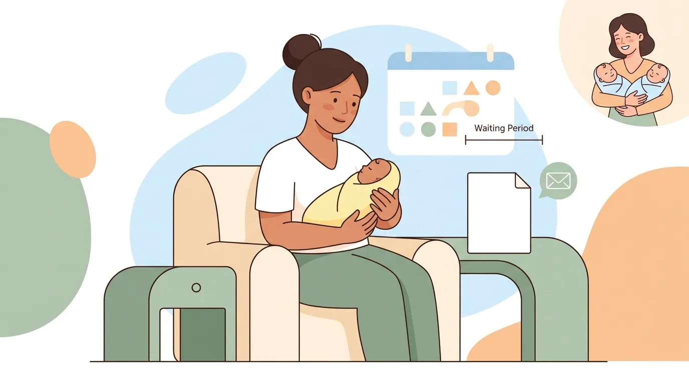 Mère tenant un bébé, calendrier avec période d'attente indiquée.
