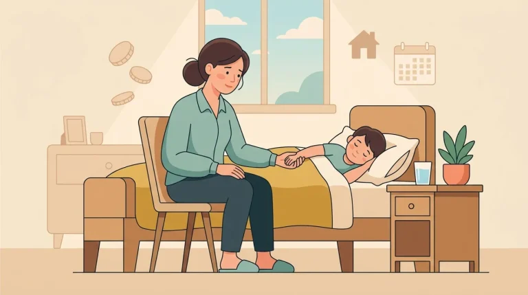 Femme assise près d'un enfant au lit, lui tenant la main