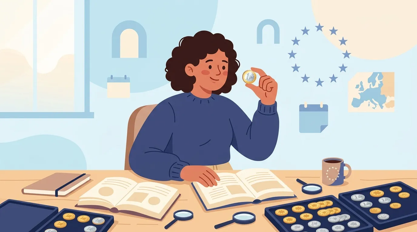 Femme examine pièces de monnaie avec loupe et livres