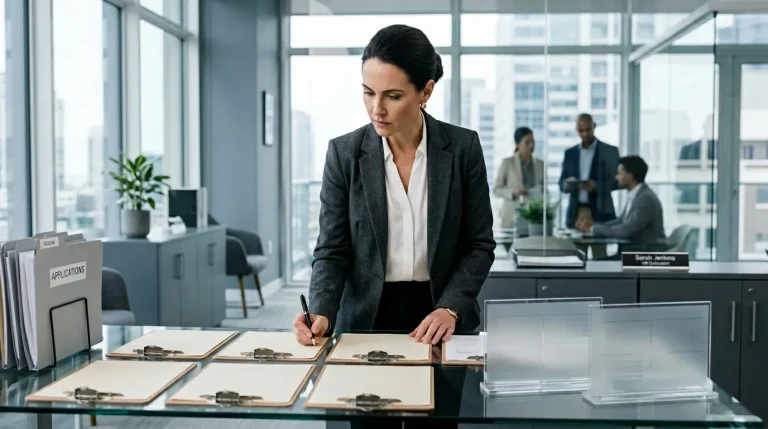 Femme en costume examine des dossiers de candidatures.