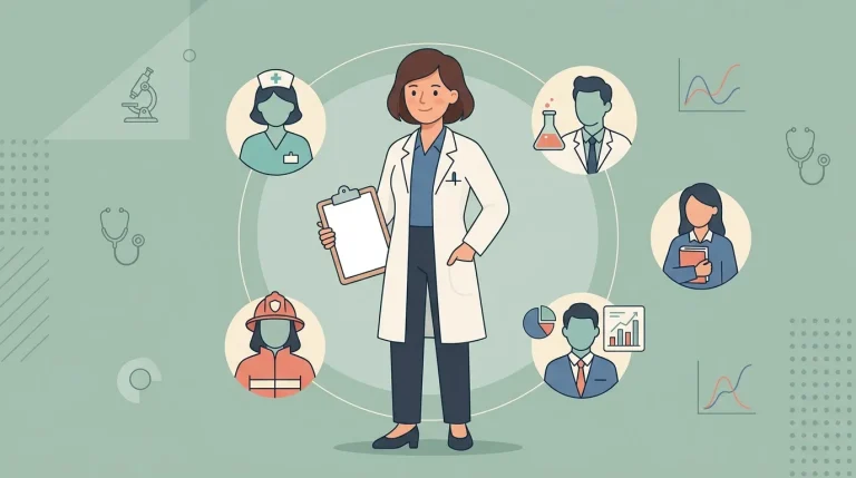 Femme médecin au centre entourée de professionnels divers