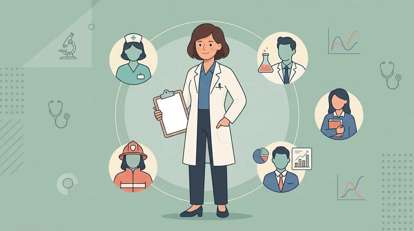 Femme médecin au centre entourée de professionnels divers