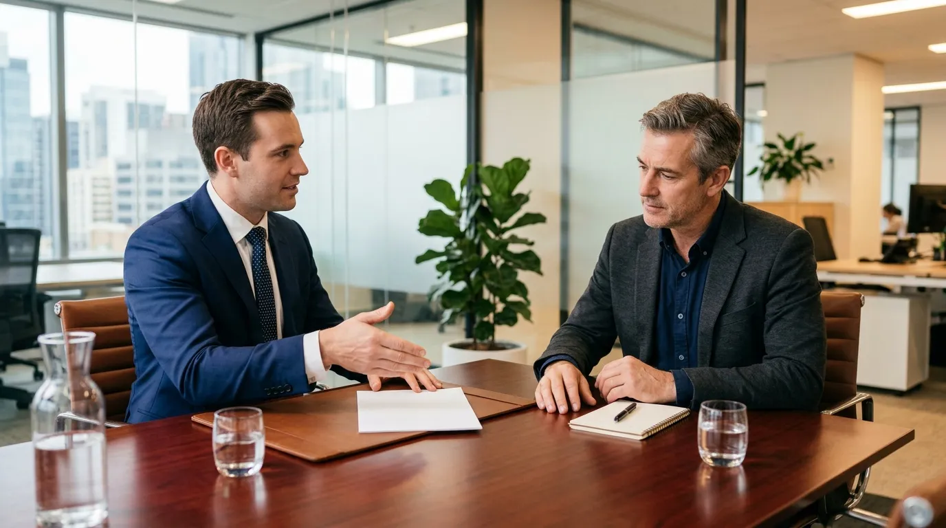 Deux hommes en discussion professionnelle &agrave; une table de conf&eacute;rence