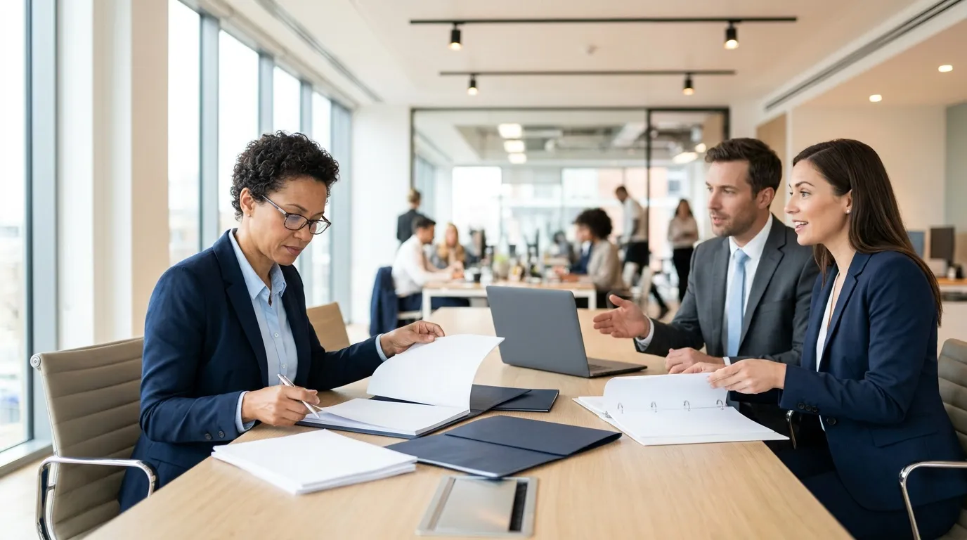 Trois professionnels discutent autour d'une table avec documents et laptop