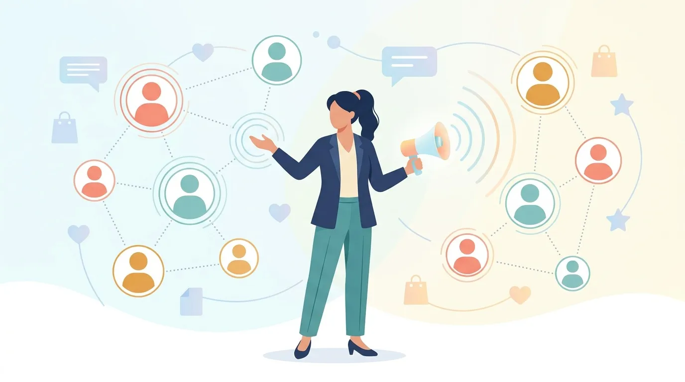 Femme d'affaires connectée avec mégaphone et réseau de contacts